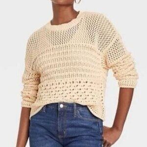UNIVERSAL THREAD Cream Beige Mixed Knit Crochet Open Weave Crew Neck Sweater S